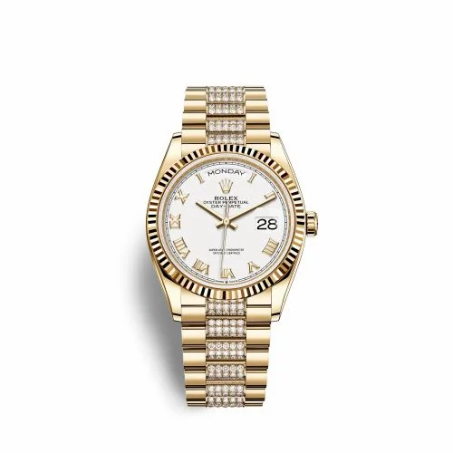 Rolex Day-Date 36 Yellow Gold / Fluted / White - Roman / President - Diamond 128238-0077 (M128238-0077)